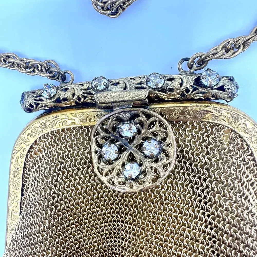 Made in US Zone Germany vintage gold tone mesh purse rhinestones wristlet bag